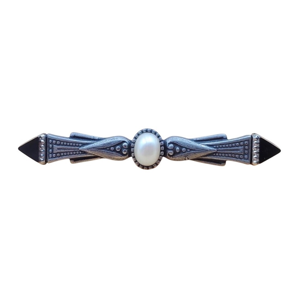 Vintage Pewterish Tone 1928 style bar brooch with black tip ends with faux pearl